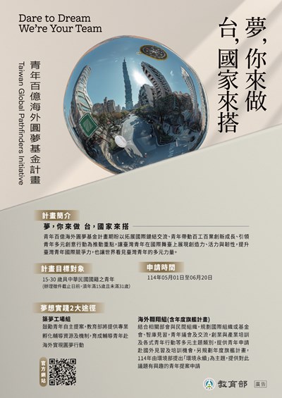 教育部114年「青年百億海外圓夢基金計畫」第二梯次報名