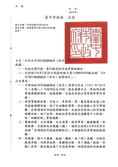 臺中市2025城鎮韌性(防空)演習