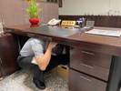 配合國家防災日避難演練，主任護住頭部避難於桌子下
