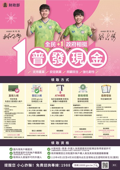 財政部「全民+1 政府相挺」普發現金