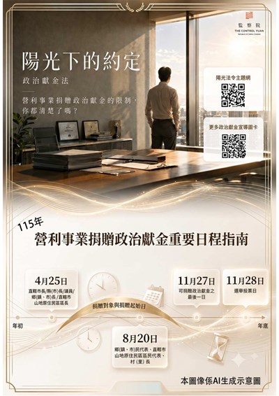 監察院「115年營利事業捐贈政治獻金重要日程指南」