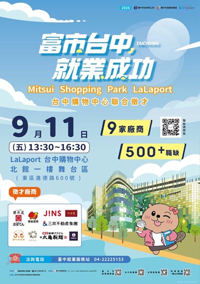 臺中市政府勞工局2026「富市台中 就業成功」Mitsui Shopping Park LaLaport 台中購物中心聯合徵才